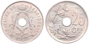 Belgium, Kingdom, Albert I, 25 Centimes Copper-Nickel 1927FR, Center hole within crowned monogram, Morin 331, UNC