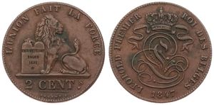 Belgium, Kingdom, Leopold I, 2 Centimes Copper 1847, Seated lion with tablet, Morin 96, A.XF