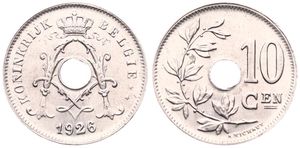 Belgium, Kingdom, Albert I, 10 Centimes Copper-Nickel 1926FL, Center hole within crowned monogram, Morin 346, UNC