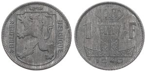 Belgium, Kingdom, Prince Charles, 1 Franc Zinc 1946FL/FR, Rampant lion left on shield, Morin 534, A.UNC