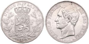 Belgium, Kingdom, Leopold I, 5 Francs Silver 1852/51, Bare head left, Morin 42a, RARE OVERSTRIKE, VF