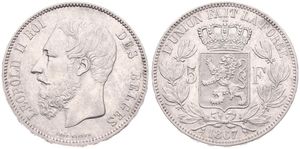 Belgium, Kingdom, Leopold II, 5 Francs Silver 1867, Bearded head left, Morin 154, A.XF