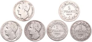 Belgium, Kingdom, Leopold I, Nice lot with 3 different 1 Franc Silver 1834, 1835 & 1844, Laureate head left, Morin 23, 24 & 27, VF