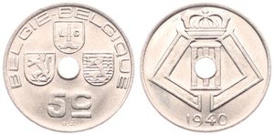 Belgium, Kingdom, Leopold III, 5 Centimes Nickel-Brass 1940FL/FR, Center hole within crowned monogram, Morin 469, SCARCER KEY DATE, UNC