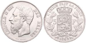 Belgium, Kingdom, Leopold II, 5 Francs Silver 1869, Bearded head left, Morin 156, A.XF