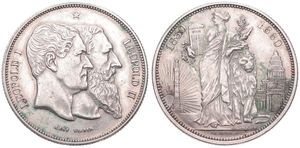 Belgium, Kingdom, Leopold II, 5 Francs (Medallic) Silver 1880, 50th Anniversary of Belgian Independence, Morin M/12a, (With 15 rays left from column), XF