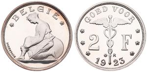 Belgium, Kingdom, Albert I, Restrike : 2 Francs Silver 1923FL, Kneeling woman left, GR-BR 3973, PROOF