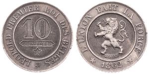 Belgium, Kingdom, Leopold I, 10 Centimes Copper-Nickel 1862, Rampant lion within circle left, Morin 134b, VARIETY WITH DOT AFTER PREMIER, A.XF