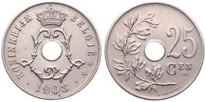 Belgium, Kingdom, Leopold II, 25 Centimes Copper-Nickel 1908FL, Center hole within crowned monogram, Morin 255, A.UNC
