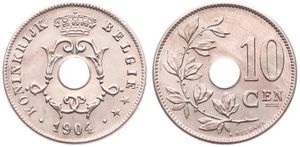 Belgium, Kingdom, Leopold II, 10 Centimes Copper-Nickel 1904FL, Center hole within crowned monogram, Morin 263, UNC