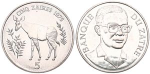 Zaire, Republic, 5 Zaires Silver 1975, Conservation - Okapi left, KM 10, UNC