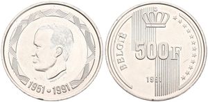 Belgium, Kingdom, Baudouin I, 500 Francs Silver 1991FL, 40th Anniversary of Reign, Morin 851, UNC