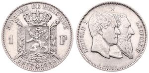 Belgium, Kingdom, Leopold II, 1 Franc Silver 1880FR, 50th Anniversary of Belgian Independence, Morin 191 WITH INCOMPLETE CROSS ON CROWN, VF/XF