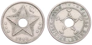 Belgian Congo, Colony, Albert I, 5 Centimes Copper-Nickel 1910/00, Center hole flanked by crowned monograms within beaded circle, KM 17, A.VF (coin has been varnished)