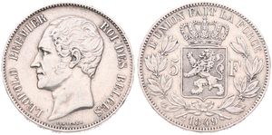 Belgium, Kingdom, Leopold I, 5 Francs Silver 1849, Bare head left, Morin 39, VF+