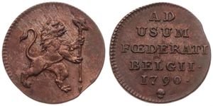 Austrian Netherlands, Insurrection Coinage, 1 Liard Copper 1790(b), Rampant lion right holding staff / Legend in 6 lines, KM 44 Brussels, XF