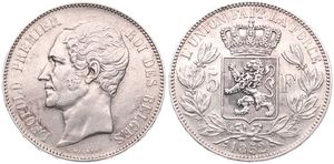 Belgium, Kingdom, Leopold I, 5 Francs Silver 1852, Bare head left, Morin 42, VF