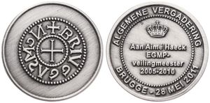 Belgium, Kingdom, Albert II, Medal in Silver Plated Brass 2011, General meeting EGMP Brugge, Medieval coin within beaded circle / Legend within circle, GMJ 2011/10b, RARE, UNC