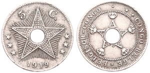 Belgian Congo, Colony, Albert I, 5 Centimes Copper-Nickel 1919, Center hole flanked by crowned monograms within beaded circle, KM 17, A.VF (Struck at Heaton / Birmingham)