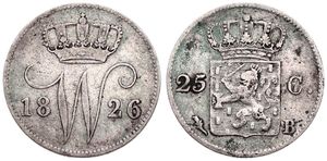 Netherlands, Kingdom, William I, 25 Cents Silver 1826B, Crowned arms, KM 48, (Brussels), A.VF