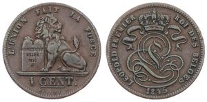 Belgium, Kingdom, Leopold I, 1 Centime Copper 1845, Seated lion with tablet, Morin 118, A.XF