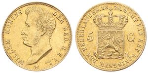 Netherlands, Kingdom, William I, 5 Gulden Gold 1826B, Head left / Crowned arms, KM 60 Brussels, VF/XF (*)