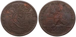 Belgium, Kingdom, Leopold I, 10 Centimes Copper 1855, Seated lion with tablet, Morin 66, RARE DATE !, A.VF