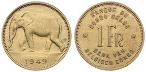 Belgian Congo, Colony, Prince Charles, 1 Franc Brass 1949, African Elephant left, KM 26, A.UNC