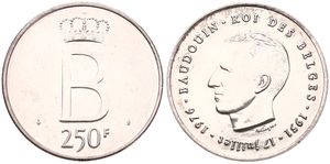Belgium, Kingdom, Baudouin I, 250 Francs Silver 1976FR, Silver Jubilee, Morin 780a, VARIETY WITH SMALL MONOGRAM B !, UNC