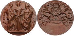 Belgium, Kingdom, Leopold II, Medal in Bronze 1897 by J. Lagae & Wolfers, Exposition Internationale de Bruxelles, Allegorical figures / National arms with lion supporters, XF