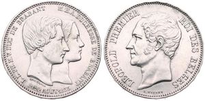 Belgium, Kingdom, Leopold I, 5 Francs (Medallic) Silver 1853, Marriage of the Duke and Dutchess of Brabant, Morin M/2b, (With dot between 21 & 22), A.UNC