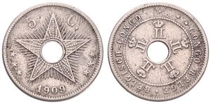 Belgian Congo, Colony, Leopold II, 5 Centimes Copper-Nickel 1909, Center hole flanked by crowned monograms within beaded circle, KM 12, Coin Alignment, A.VF