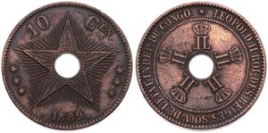 Congo Free State, Royal Domain, Leopold II, 10 Centimes Copper 1889, Center hole flanked by crowned monograms within beaded circle, KM 4, VF