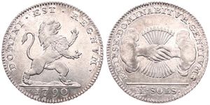 Austrian Netherlands, Insurrection Coinage, 10 Sols Silver 1790(b), Rampant lion right / Arrows back of grasped hands at center, KM 47 Brussels, RARE !, XF