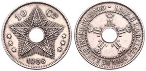 Congo Free State, Royal Domain, Leopold II, 10 Centimes Copper-Nickel 1908, Center hole flanked by crowned monograms within beaded circle, KM 10, XF