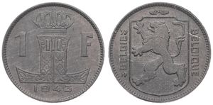 Belgium, Kingdom, Leopold III, 1 Franc Zinc 1943FL/FR, Rampant lion on shield, Morin 480, UNC
