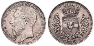 Congo Free State, Royal Domain, Leopold II, 1 Franc Silver 1896, Bearded head left, KM 6, VF