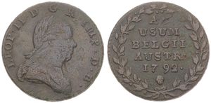 Austrian Netherlands, Leopold II, 2 Liards Copper 1792(b), Laureate bust right, KM 53 Brussels, Fine