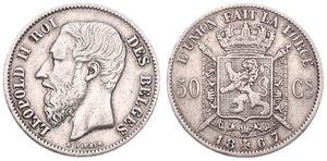 Belgium, Kingdom, Leopold II, 50 Centimes Silver 1867FR, Bearded head left, Morin 181, SCARCER DATE, VF