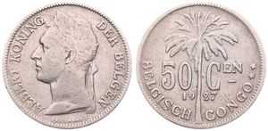 Belgian Congo, Colony, Albert I, 50 Centimes Copper-Nickel 1927, Laureate head of the King left, KM 23 Flemish Legend, VF