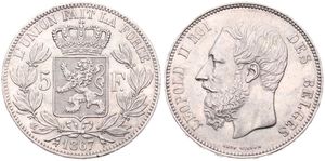 Belgium, Kingdom, Leopold II, 5 Francs Silver 1867, Bearded head left, Morin 154a, VARIETY WITH DOT AFTER F., A.XF