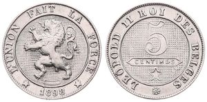 Belgium, Kingdom, Leopold II, 5 Centimes Copper-Nickel 1898FR, Rampant lion within circle left, Morin 248, UNC