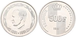 Belgium, Kingdom, Baudouin I, 500 Francs Silver 1991FR, 40th Anniversary of Reign, Morin 850, UNC