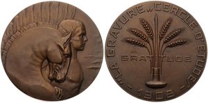 Belgium, Kingdom, Leopold III, Medal in Bronze (1942) by René Pirart, Gratitude 1908 La Gravure Cercle d'etudes, Figure with horse looking right / Wreath and legend, A.UNC