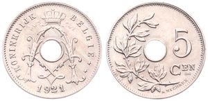 Belgium, Kingdom, Albert I, 5 Centimes Copper-Nickel 1921/11FL, Center hole within crowned monogram, Morin 360a, UNC