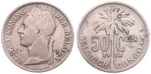 Belgian Congo, Colony, Albert I, 50 Centimes Copper-Nickel 1925/24, Laureate head of the King left, KM 23 Flemish Legend, A.VF