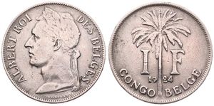 Belgian Congo, Colony, Albert I, 1 Franc Copper-Nickel 1924, Laureate head of the King left, KM 20 French Legend, VF