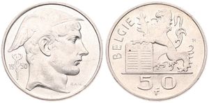 Belgium, Kingdom, Prince Charles, 50 Francs Silver 1950FL, Helmeted head of Mercurius right, Morin 512, UNC