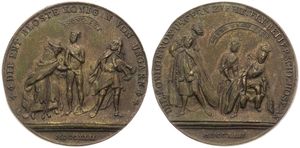 Austrian Netherlands, Maria Theresia, Satirical Medal in Brass 1742, Humiliation by King Frederick II, Maria Theresia trying on Lederhosen - The Elector of Bavaria losing his crown / Maria Theresia standing nude between Cardinal & Elector, XF 