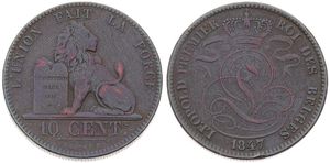 Belgium, Kingdom, Leopold I, 10 Centimes Copper 1847/37, Seated lion with tablet, Morin 63b, A.VF (edgenick)